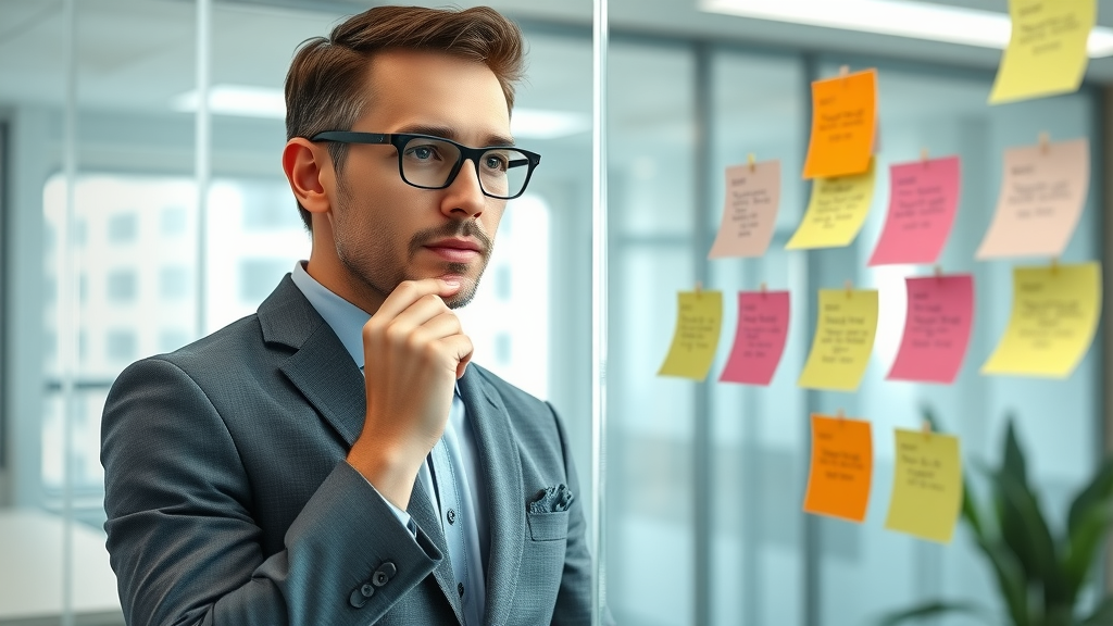 marketer planning campaign objectives for paid traffic strategies in modern office with sticky notes