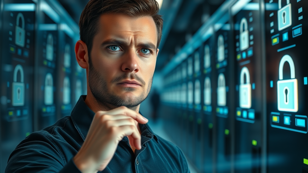 Digital marketer reviewing AI-generated marketing data in secure server room