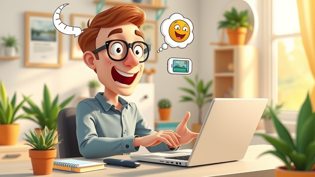 Creative content creator using AI-powered writing tool for innovative content creation and blog post automation in an inspiring home office with content bubbles for marketing tools