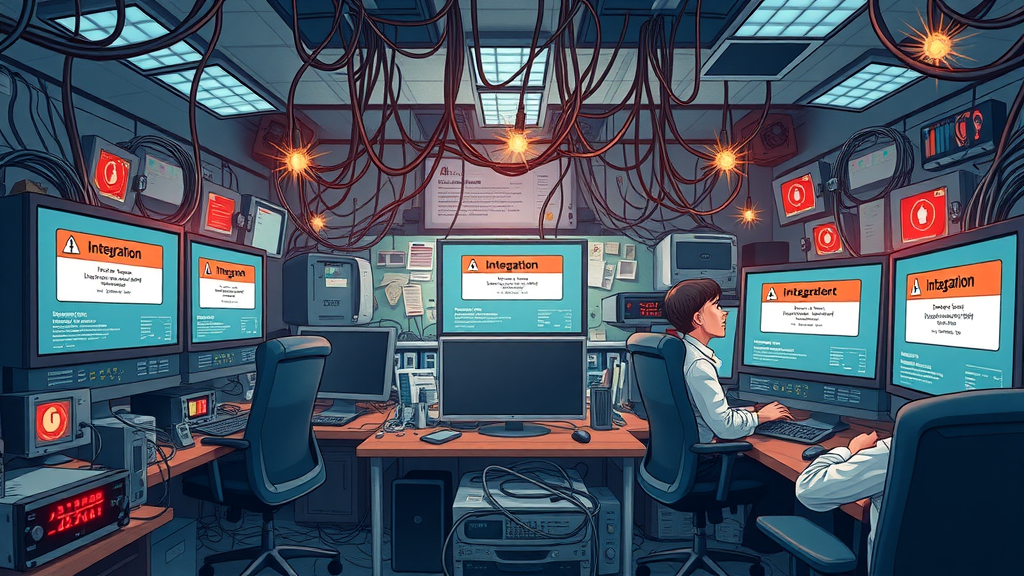 Concerned IT staff handle a chaotic situation with disconnected data cables and integration errors on monitors