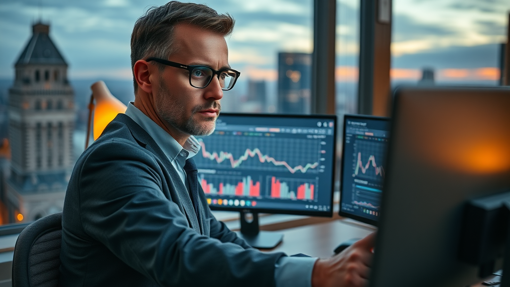 open rate trends business analyst reviewing upward and downward analytics on monitors