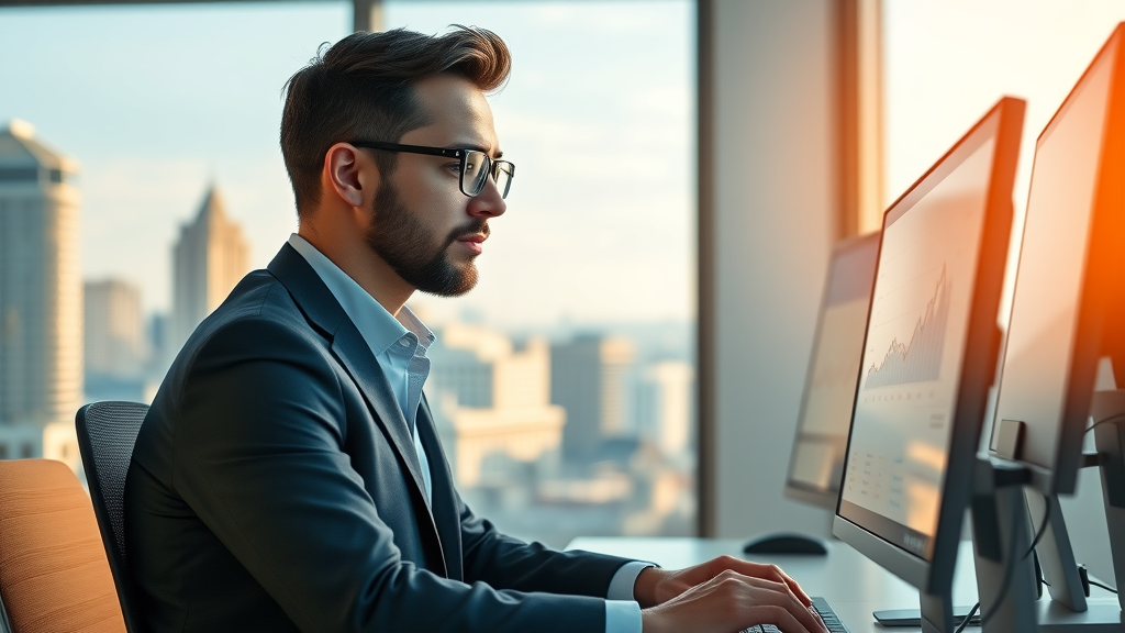 digital marketer analyzing real-time ad targeting performance dashboard in modern office with digital graphs and cityscape