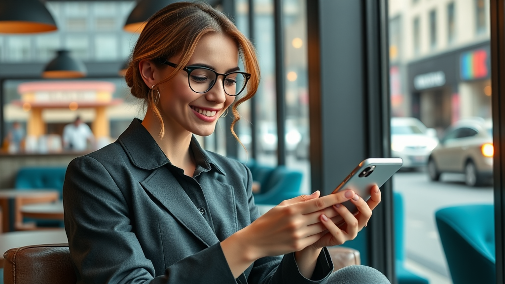 influencer interacting with social media retargeting ads for brand recall in urban cafe setting