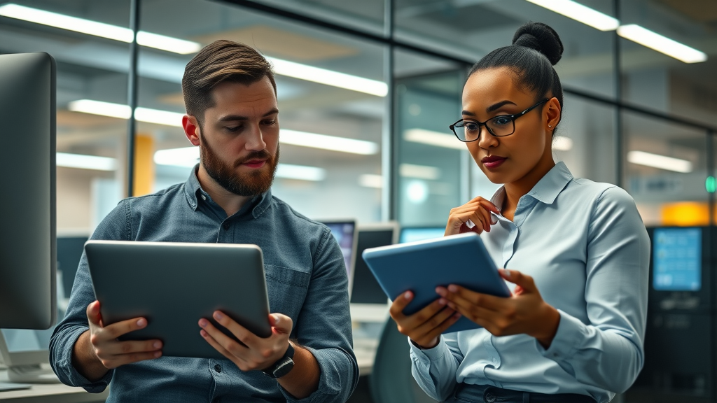 Marketers comparing automation software, professional tech evaluation scene, marketing automation platform, marketing automation roi