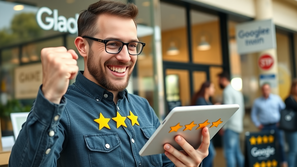 small business owner celebrating positive Google reviews and star ratings