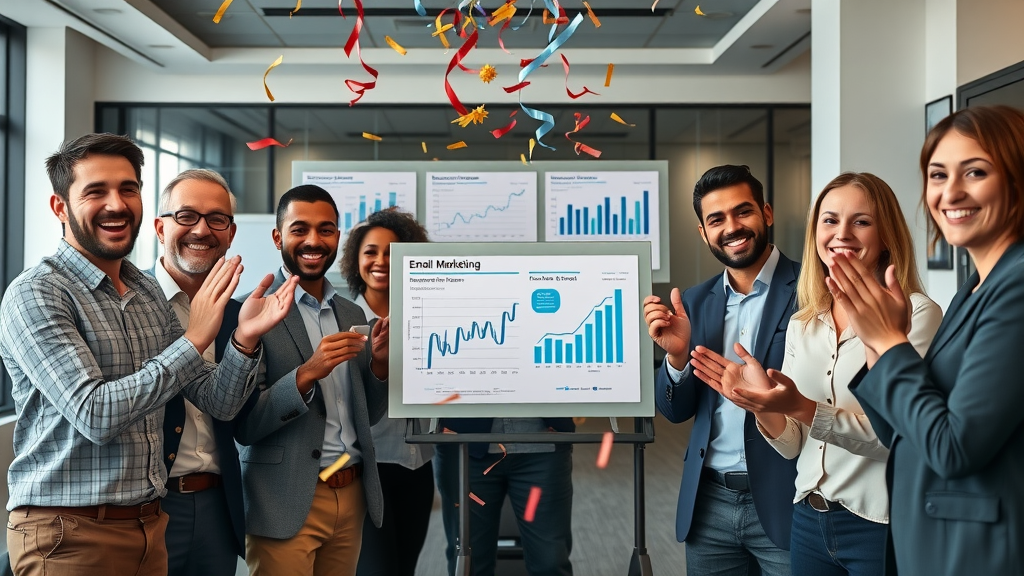 Ambitious small business team celebrating results from email marketing automation