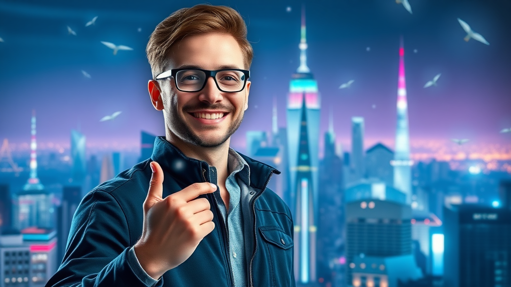 Future-ready digital marketer, confident, surrounded by digital marketing trends icons and city skyline. Digital marketing future strategies visualization.