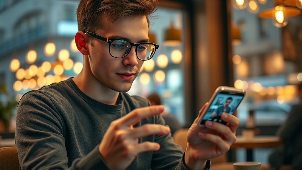 Engagement with video content: mobile viewer watching and interacting with video in a cozy cafe