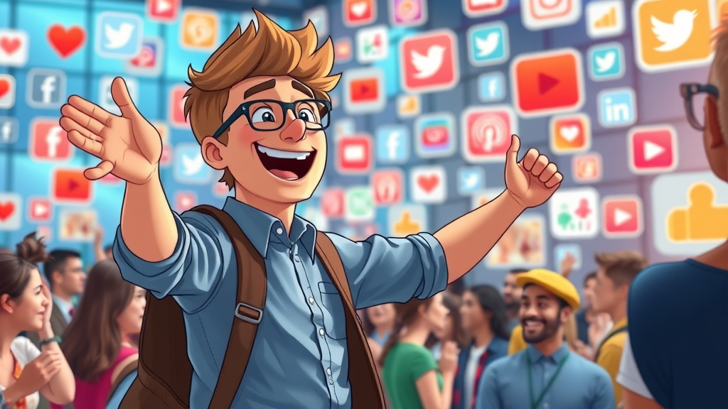Brand ambassador engaging with diverse audience via digital social media wall, showcasing social media icons and retargeting ad previews