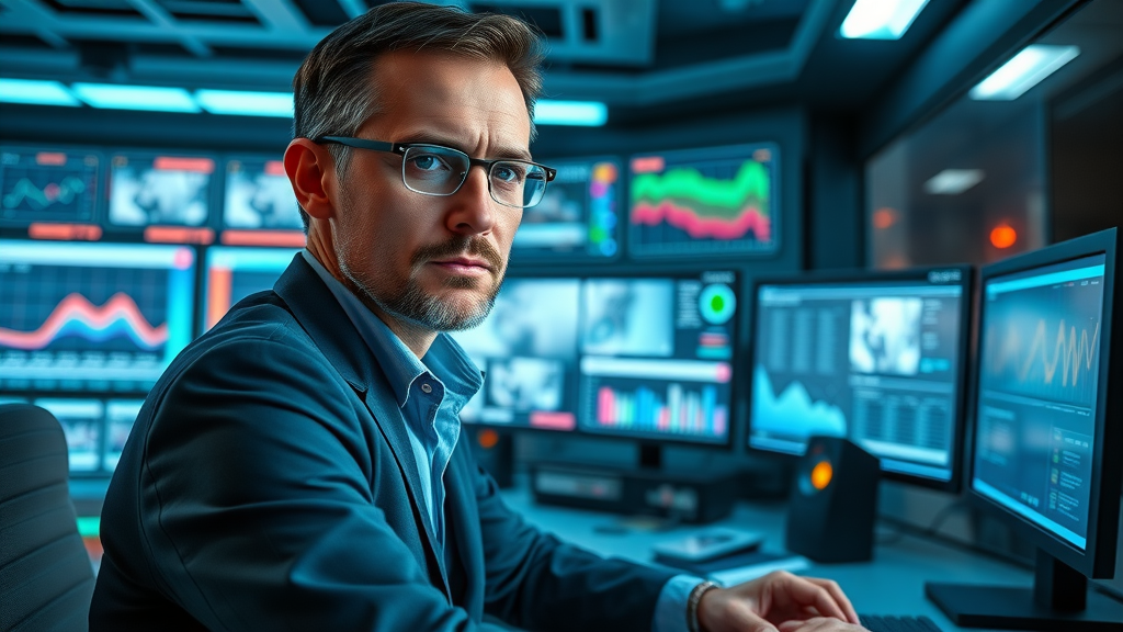 Digital marketing manager monitoring video campaign results across social media platforms, futuristic control center