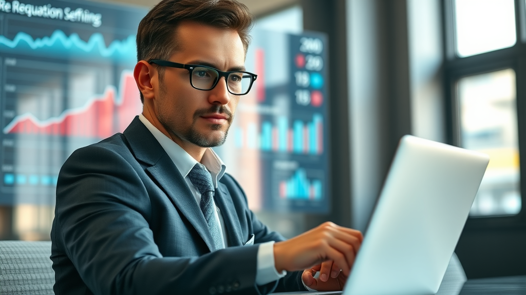 Professional businessperson using a laptop for online reputation management, confident and focused, analyzing online data, with digital reputation charts on screen, modern office background
