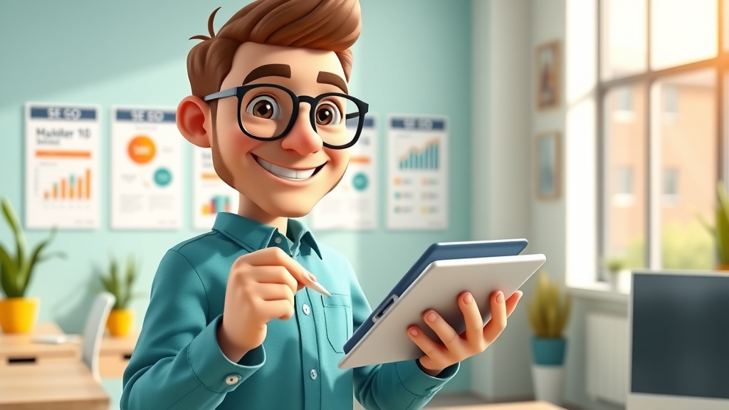 cheerful digital marketer marking SEO strategies checklist on tablet