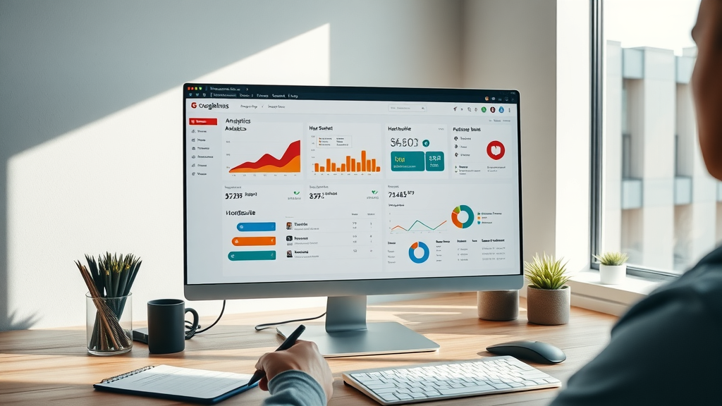 modern computer monitor displaying a dashboard with multiple analytics tools including Google Analytics, HubSpot, and BuzzSumo