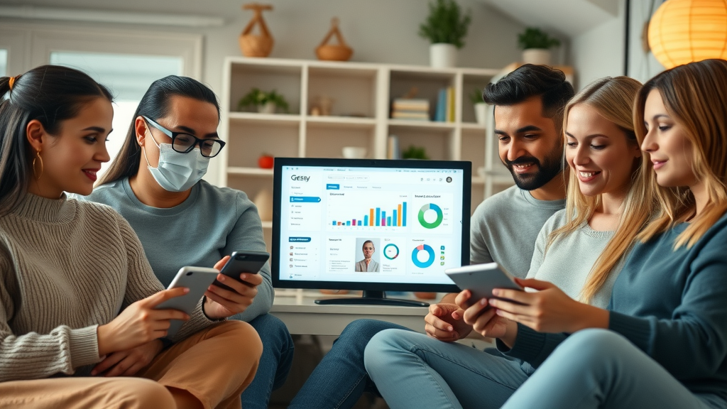 diverse group of online shoppers experiencing retargeting strategy on multiple devices in cozy digital marketing dashboard home