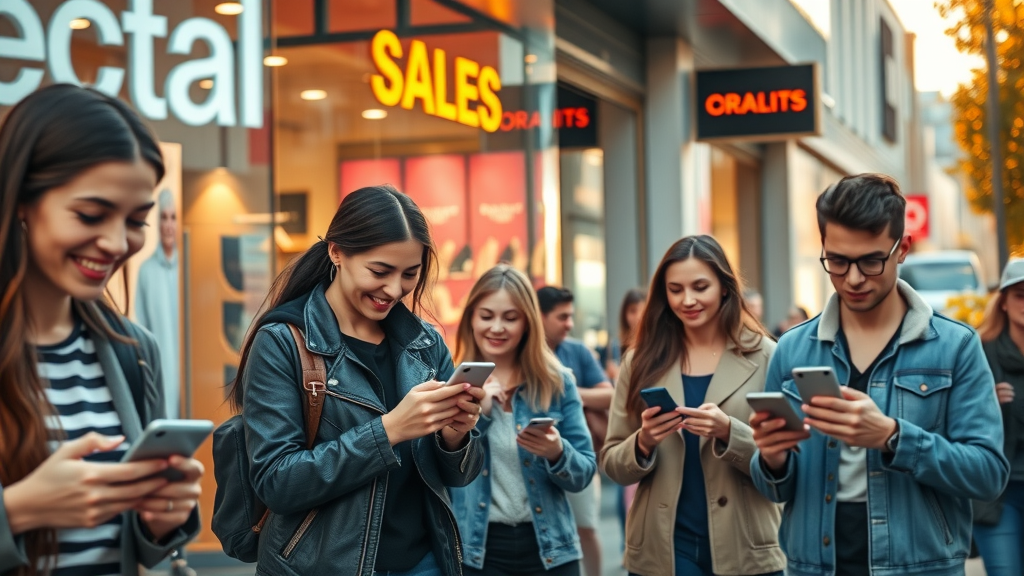 trendy retail storefront with customers engaging social media sharing posts about sales and arrivals on vibrant city street