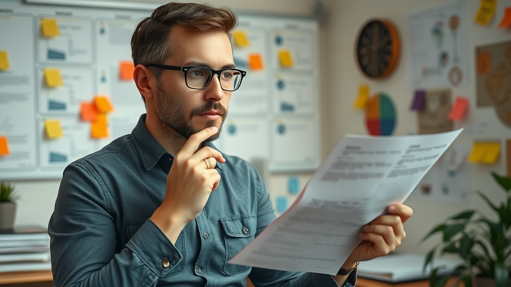 Social media manager analyzing written strategic social media plans; visual timelines and sticky notes in cozy office