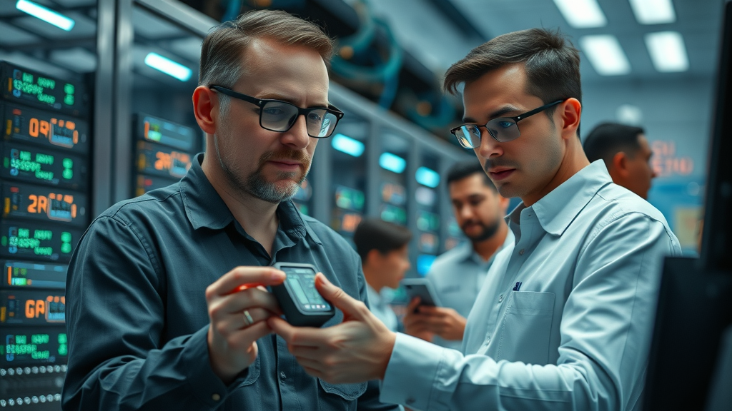 Modern server room engineers using diagnostic tools for back-end development troubleshooting