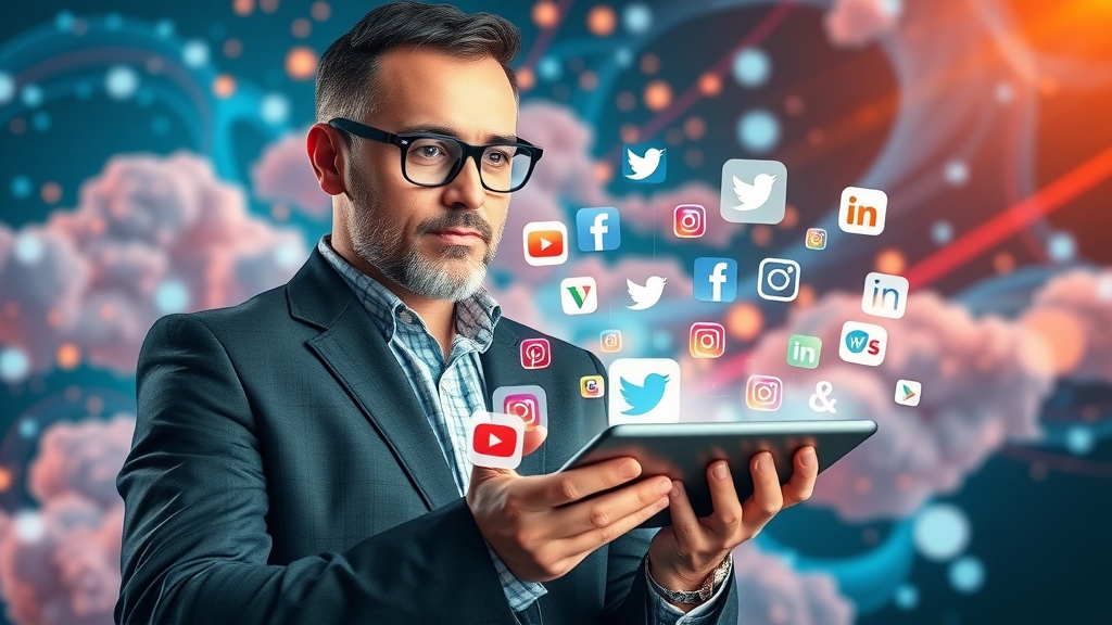 Visionary marketing leader holding a tablet with floating social media platform holograms, embodying strategic branding for digital world, social media platforms
