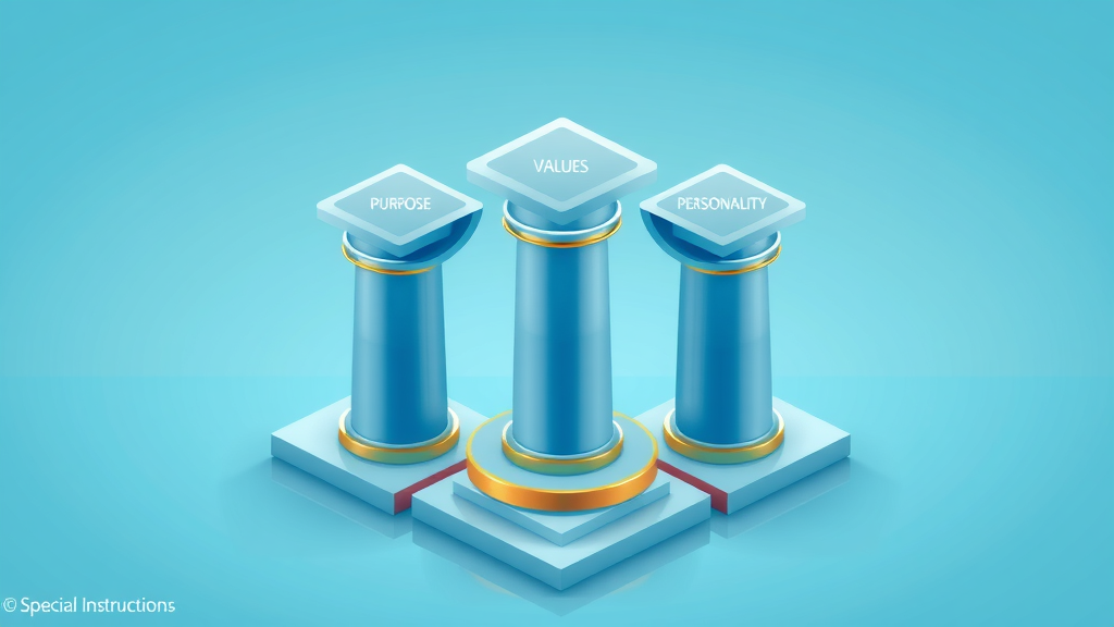 Dynamic infographic showing five pillars of brand identity: purpose, values, positioning, personality, voice