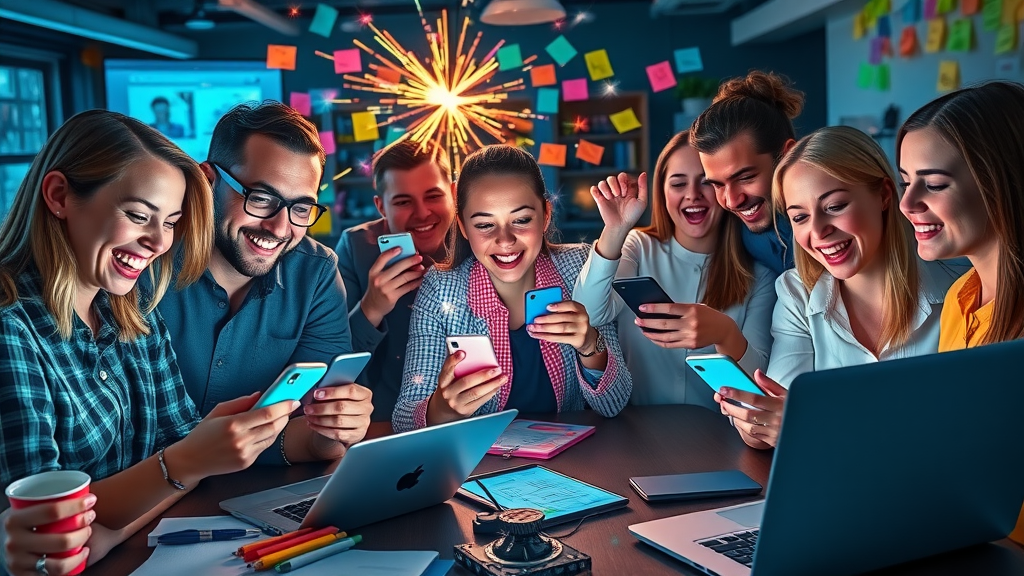 social media marketing creative young professionals collaborating vibrant workspace colorful digital screens engagement bursts detailed