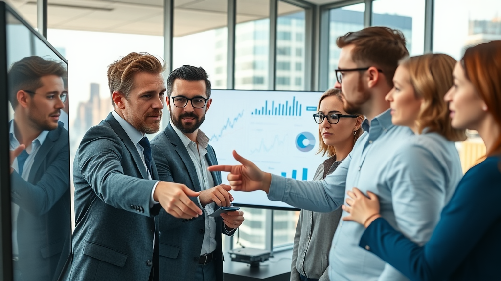 Dynamic business team analyzing website analytics using SEO techniques in a modern office environment
