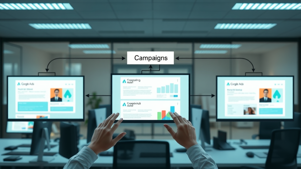Organized flowchart illustrating Google Ads campaigns structure, campaign type hierarchy, google ads campaigns