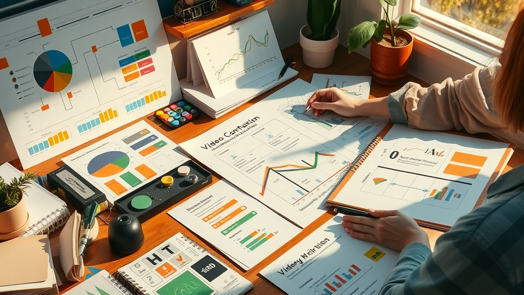 video marketing analytics campaign planning - creative marketer sketching content flowcharts reviewing video analytic data in brightly lit workspace