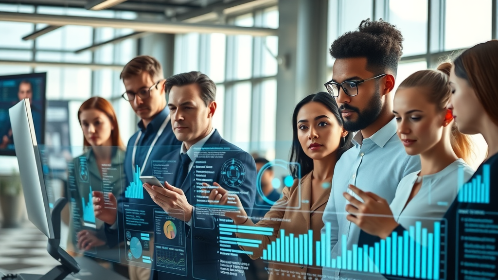 Personalized marketing with AI diverse team using data and advanced technology in a modern office analyzing customer experience