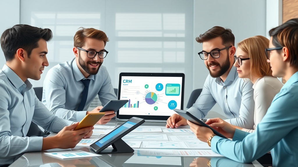 IT decision makers reviewing CRM software and integration mockups in a 3D cartoon meeting setting