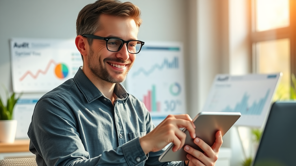 Professional SEO analyst conducting a digital marketing audit, digital marketing performance checklist and graphs.