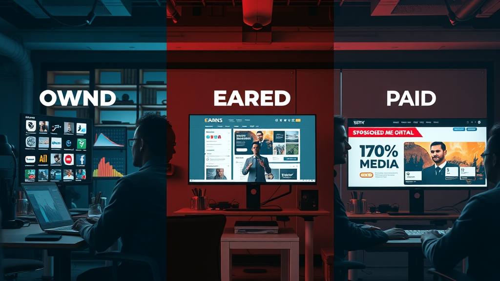 Owned, earned, and paid content distribution channels segmented in a modern workspace