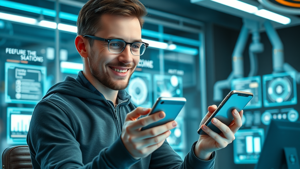 conversion rate optimization web developer testing mobile responsiveness on various devices, glowing UI