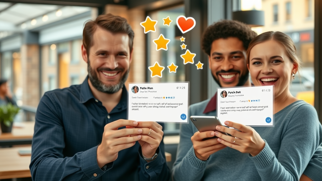 Happy customers submitting digital positive reviews about customer journey automation