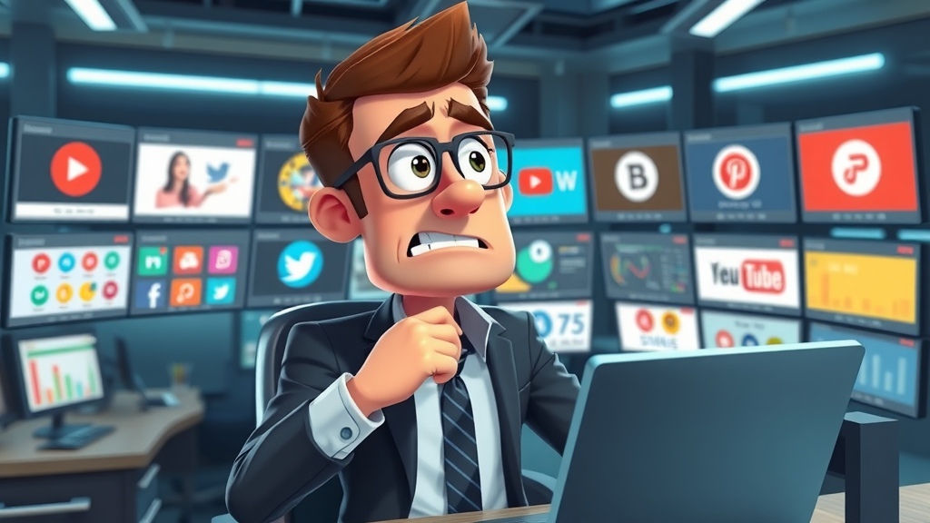 Confused business professional overwhelmed by digital marketing dashboards, struggling to choose right marketing channels, media platform logos.