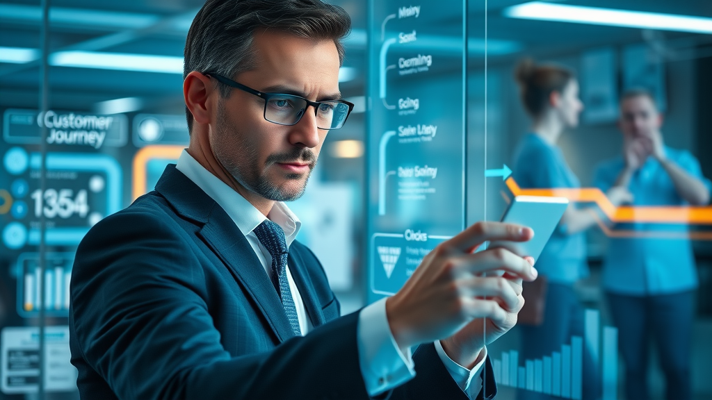 Creative marketing campaign workflow showing a businessperson analyzing a customer retargeting campaign journey on a futuristic touchscreen with glowing arrows and data flow elements