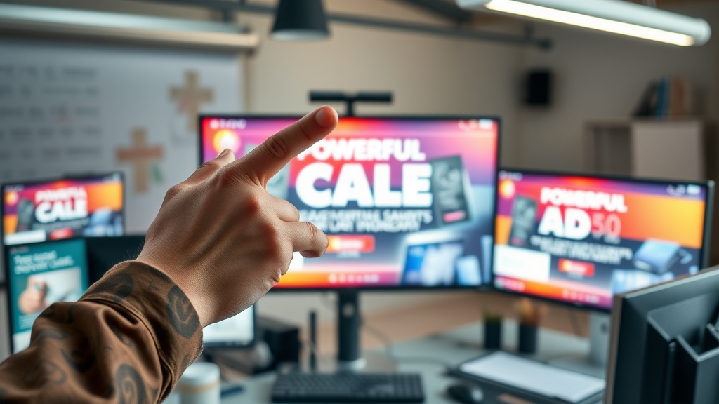 Designer adjusting visually engaging banner ad and responsive display ads with a powerful call to action