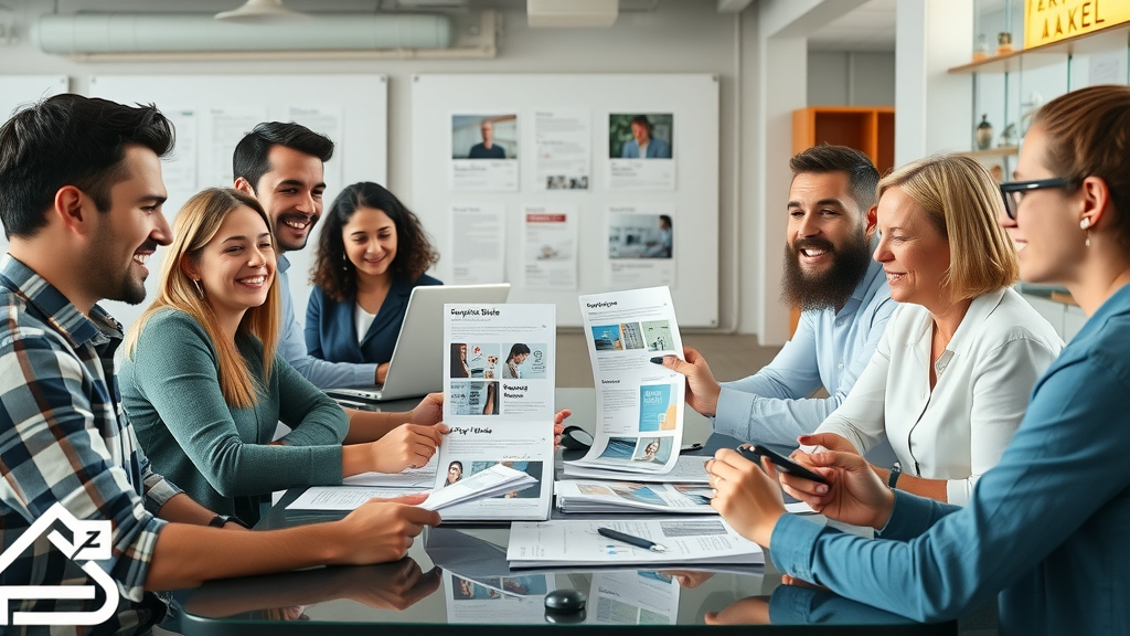 Collaborative creative team implementing the brand voice style guide for consistent communication