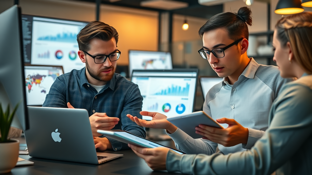 digital marketing strategists analyzing social media analytics with laptops and charts