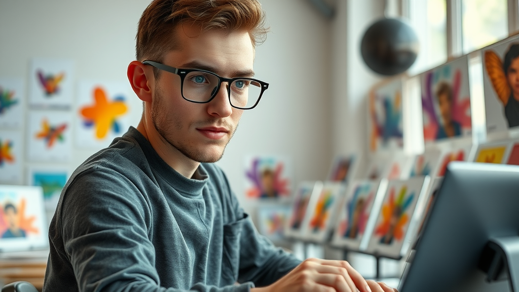 Artistic thumbnail designer creating vibrant video thumbnails, digital art studio with creative templates and bright colors
