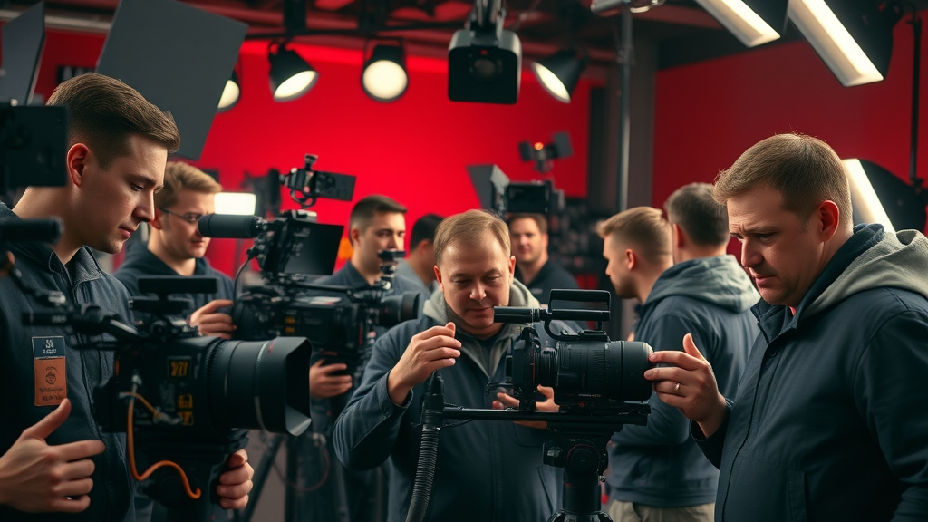 organized film crew setting up equipment for brand story video production