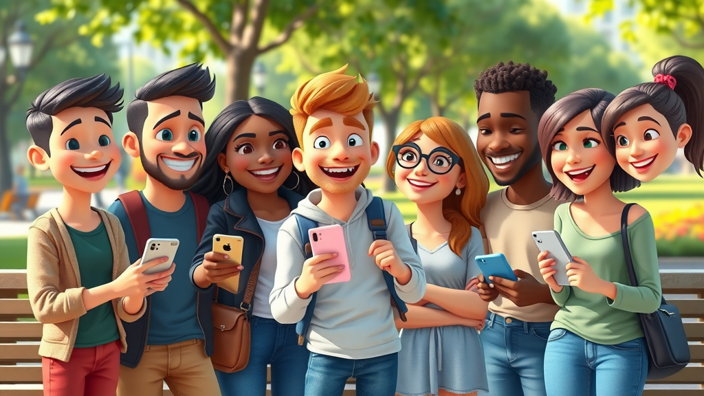 Diverse group of young adults engaging on a trending social media post with likes and shares