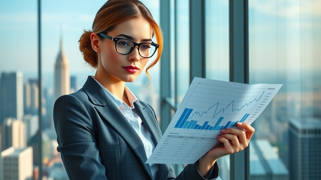 Businesswoman reviewing charts showing spikes in search volume with keyword research tool