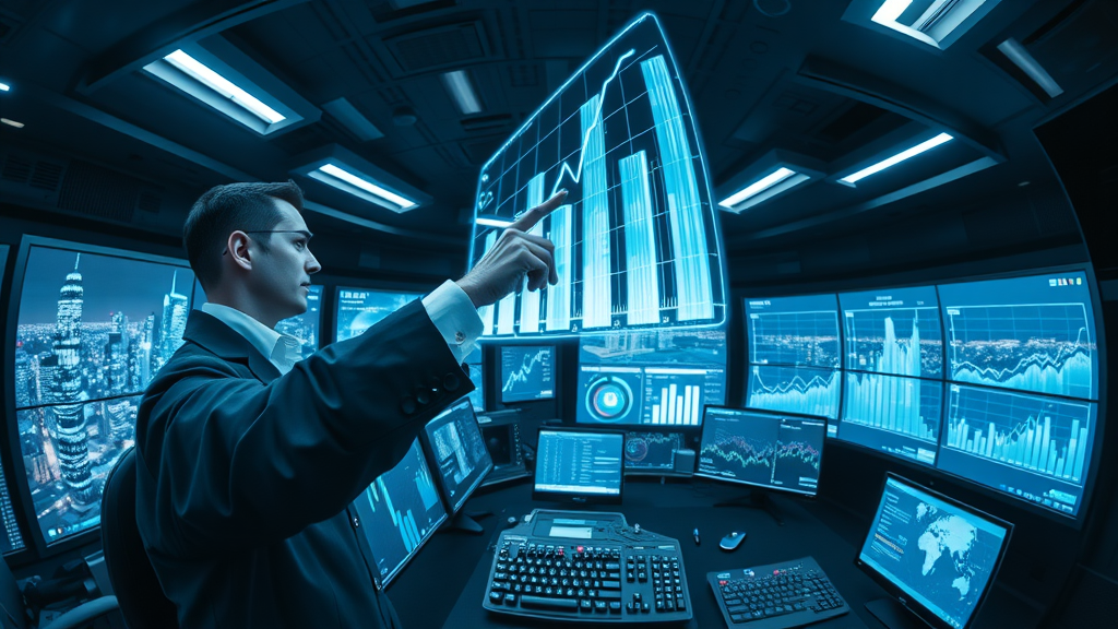 future video marketing analytics - data analyst with holographic video growth charts in high-tech control room