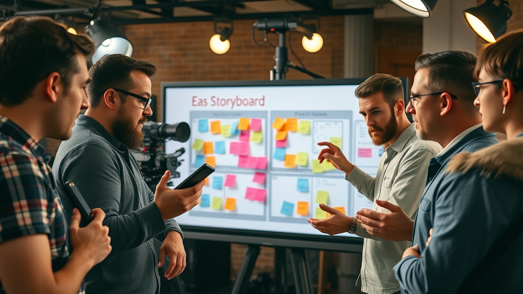 Focused production team planning storyboard for marketing video, creative studio with lighting gear and cameras