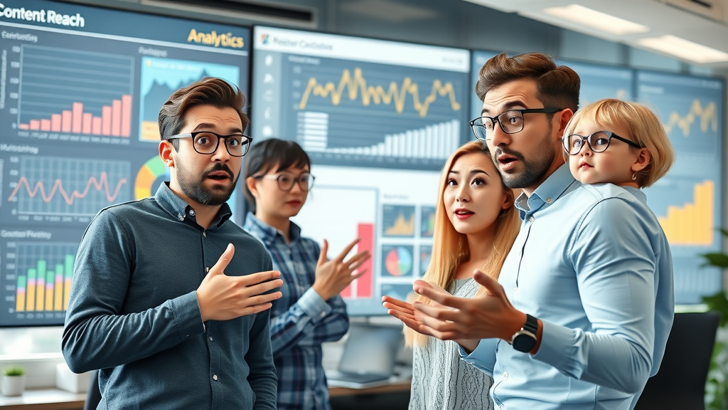 Surprised marketing team analyzing content reach with content distribution channels on a digital dashboard