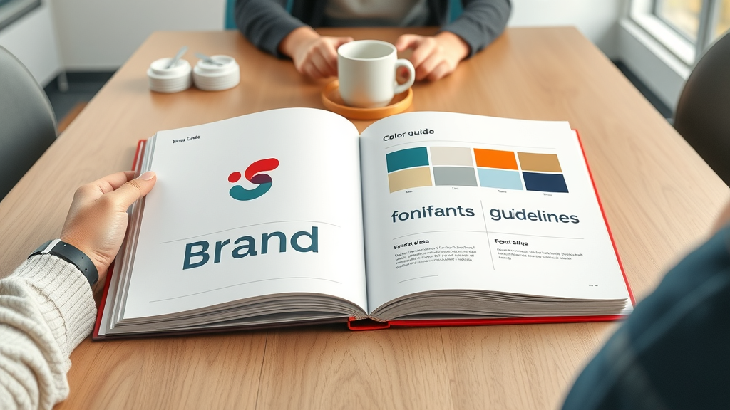 Brand guidebook open to logo, color palette, font guidelines – brand guide documentation