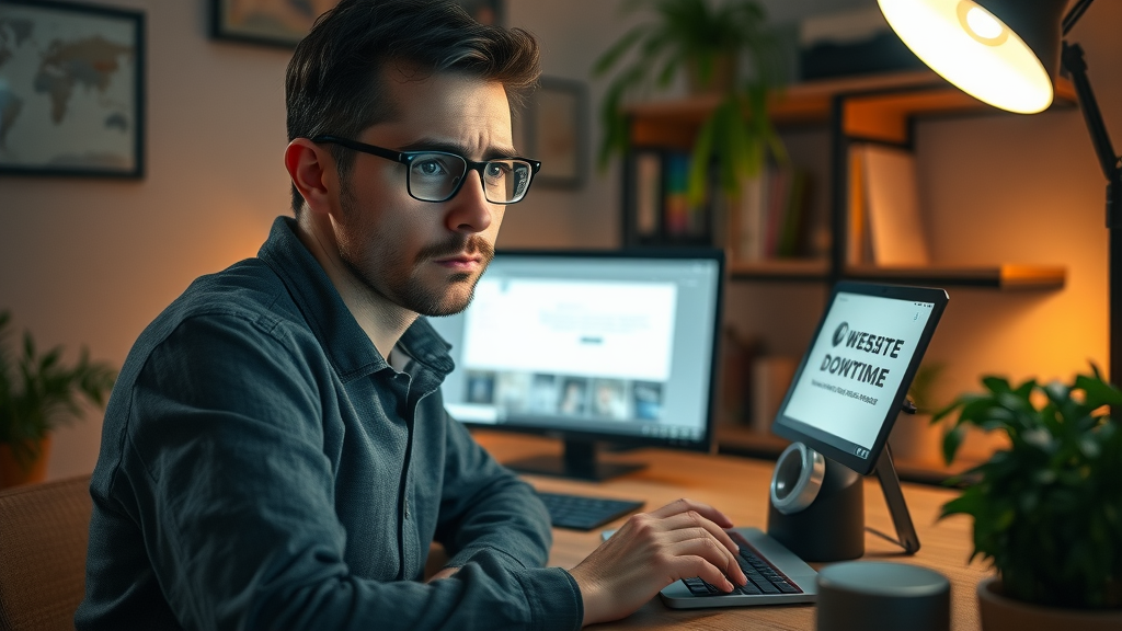 worried freelancer encountering website downtime using unreliable free web hosting