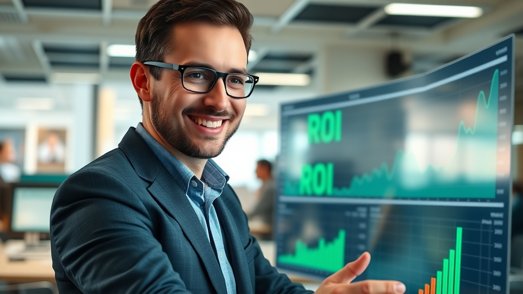 Marketer reviewing AI-powered ROI analytics for digital marketing campaigns