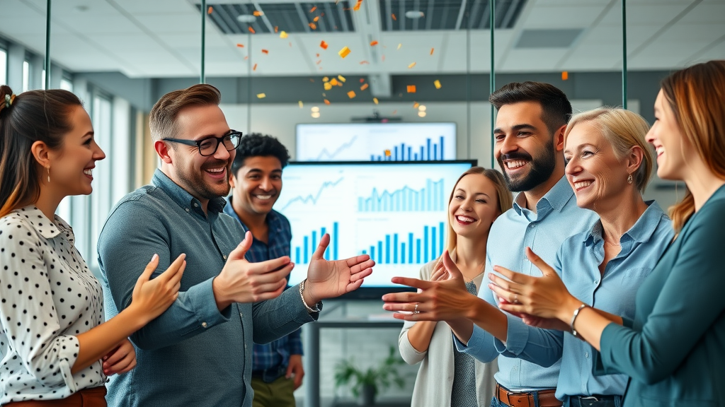 successful marketing team celebrating improved engagement metrics and campaign results with data charts in modern meeting room