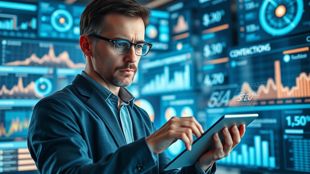 SEO strategist mapping keywords and content clusters on a digital tablet with virtual analytics
